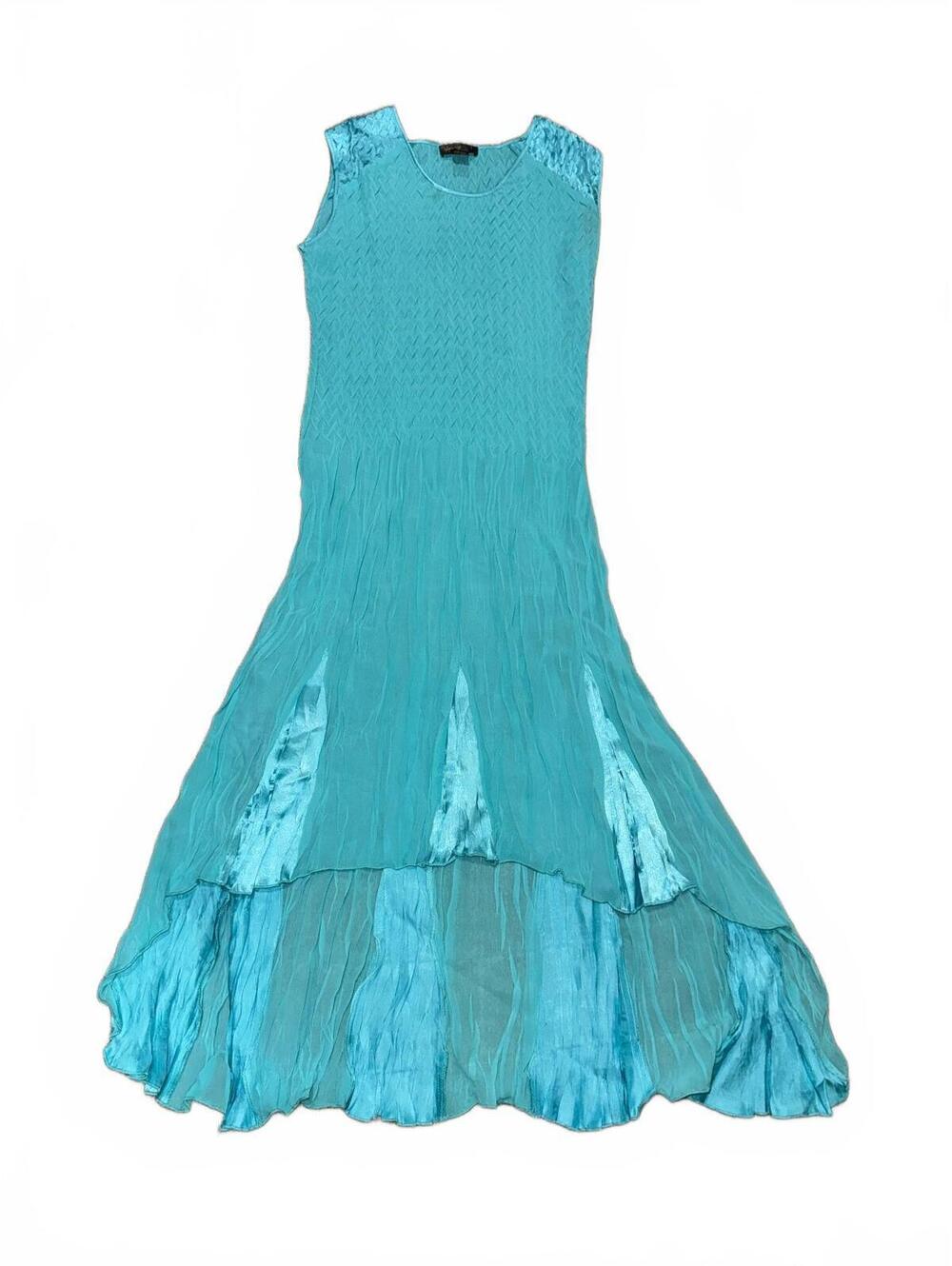 Jenny T Boutique Turquoise Sleeveless Textured Ruffled Midi Dress Size Small